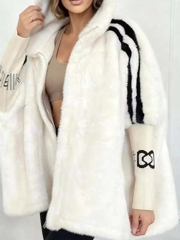 Hooded Faux Fur Striped Trim Outerwear
