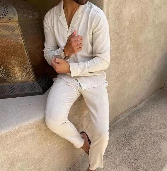 Casual Long-Sleeve Lapel Shirt and Slim-Fit Trousers Set