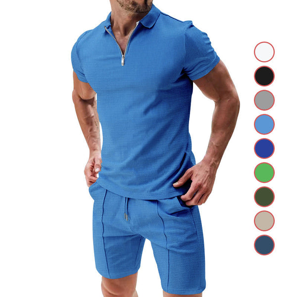 Men’s Waffle Zipper Lapel Short Sleeve Top and Shorts Set