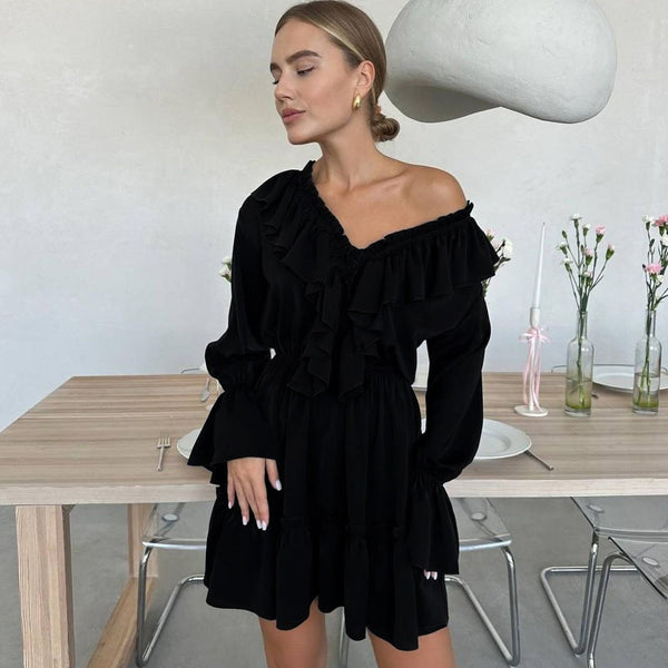 Women’s Y2K V-Neck Ruffle Pleated Long Sleeve Short Dress