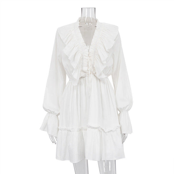 Women’s Y2K V-Neck Ruffle Pleated Long Sleeve Short Dress