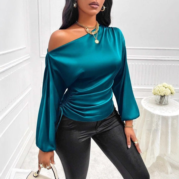 Women’s Satin Asymmetric Diagonal Collar Long Sleeve Shirt Top