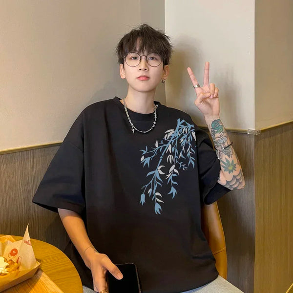 Men’s Oversized Cotton Bamboo Print T-Shirt Casual Summer Top