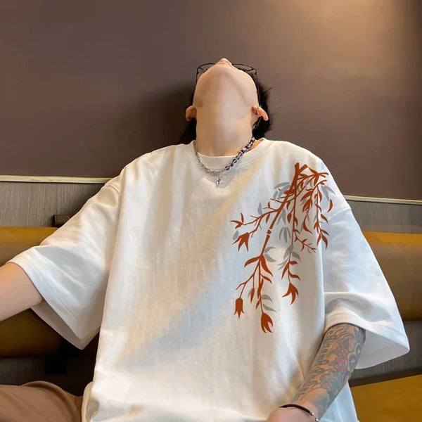 Men’s Oversized Cotton Bamboo Print T-Shirt Casual Summer Top