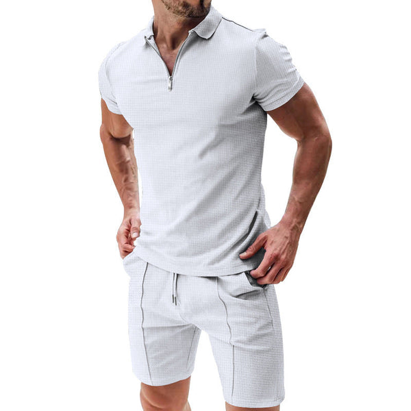 Men’s Waffle Zipper Lapel Short Sleeve Top and Shorts Set