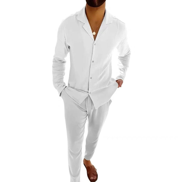 Casual Long-Sleeve Lapel Shirt and Slim-Fit Trousers Set