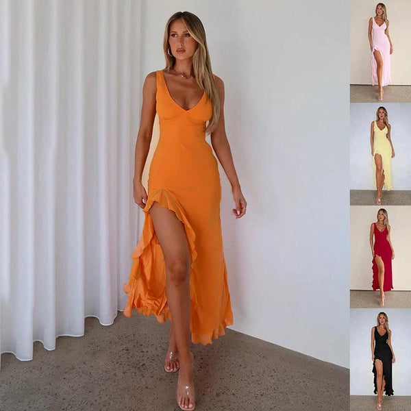 Women’s Ruffle Split Suspender Dress Slim Fit V-Neck Party